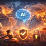 Global AI regulation concept showing digital world map, government control symbols, and artificial intelligence networks
