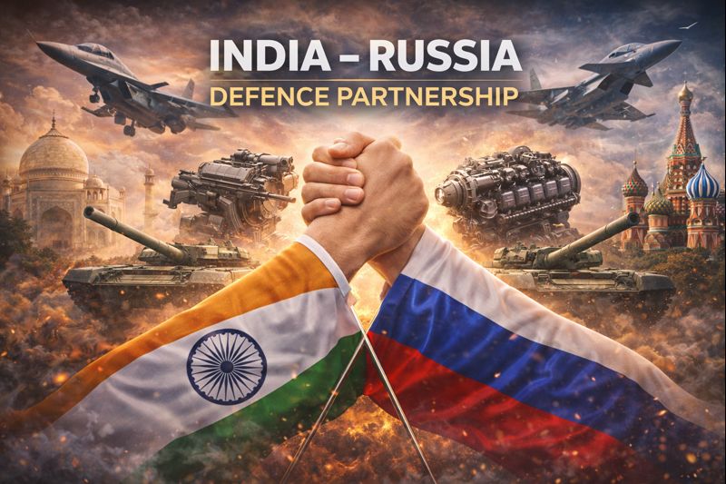 Indian and Russian soldiers with military equipment symbolising deepening defence cooperation between India and Russia.