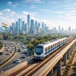Indian infrastructure development showcasing highways, modern railways, and city skyline symbolizing economic growth.