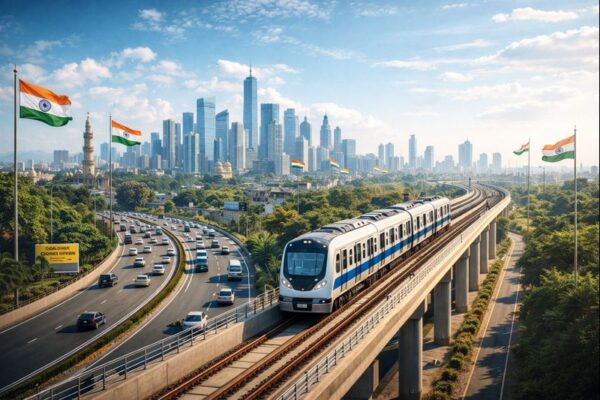 Indian infrastructure development showcasing highways, modern railways, and city skyline symbolizing economic growth.