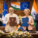 Historic India-EU free trade agreement pact signing with representatives of both sides.