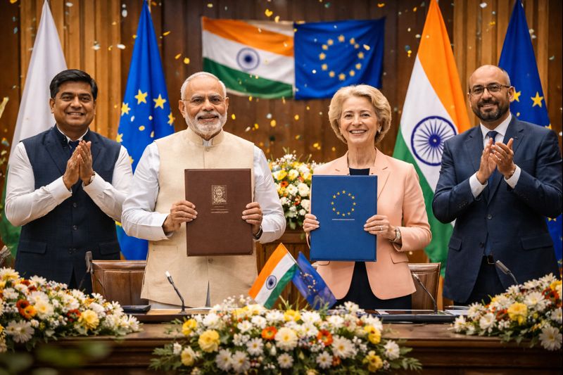 Historic India-EU free trade agreement pact signing with representatives of both sides.