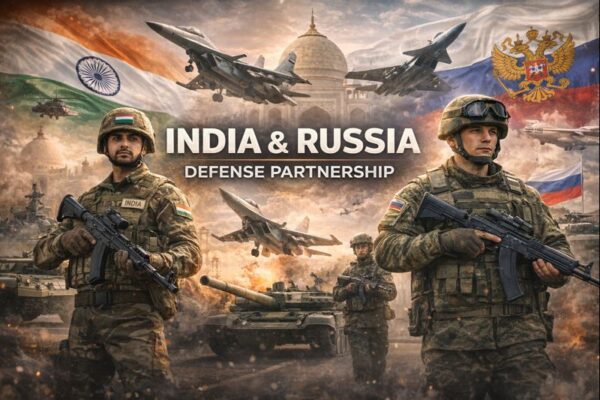 Indian and Russian soldiers with military equipment symbolising deepening defence cooperation between India and Russia.