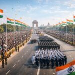 Republic Day 2026 parade at Kartavya Path in New Delhi with Indian flags and marching contingents.