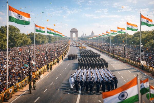 Republic Day 2026 parade at Kartavya Path in New Delhi with Indian flags and marching contingents.