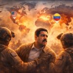 US military operation against Venezuela’s president illustrated as a global geopolitical crisis scene