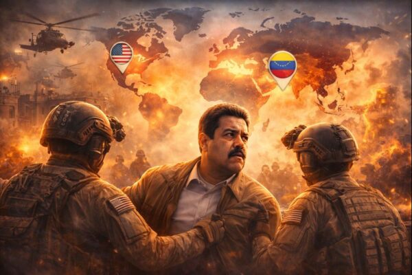 US military operation against Venezuela’s president illustrated as a global geopolitical crisis scene