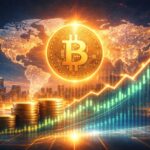 Global Bitcoin surge illustration showing digital currency, world map, and rising financial charts