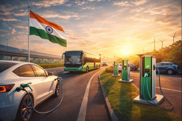 India EV charging infrastructure expansion showing electric vehicles charging on highways and in urban areas