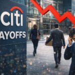 Citigroup employees carrying office belongings outside the Citi campus at Pune EON IT Park amid ongoing layoffs.