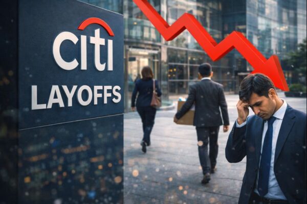 Citigroup employees carrying office belongings outside the Citi campus at Pune EON IT Park amid ongoing layoffs.