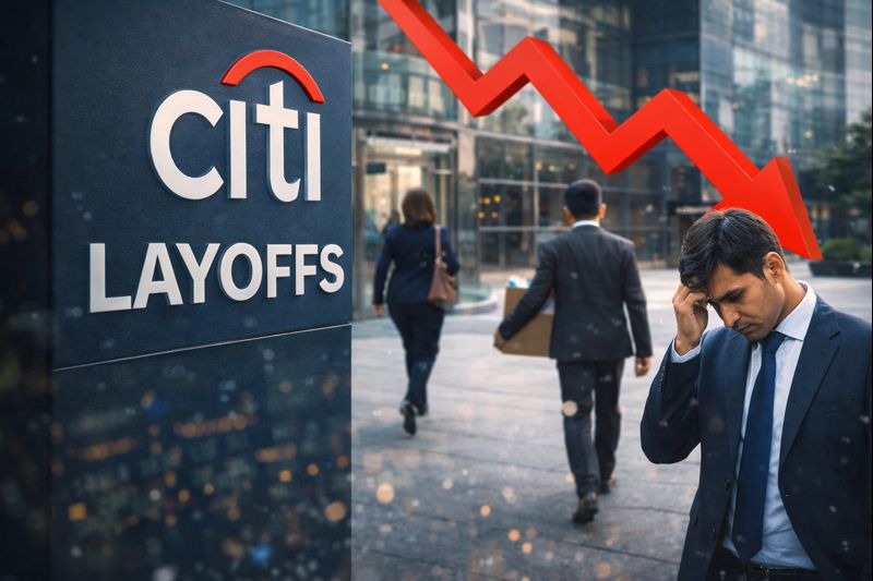 Citigroup employees carrying office belongings outside the Citi campus at Pune EON IT Park amid ongoing layoffs.