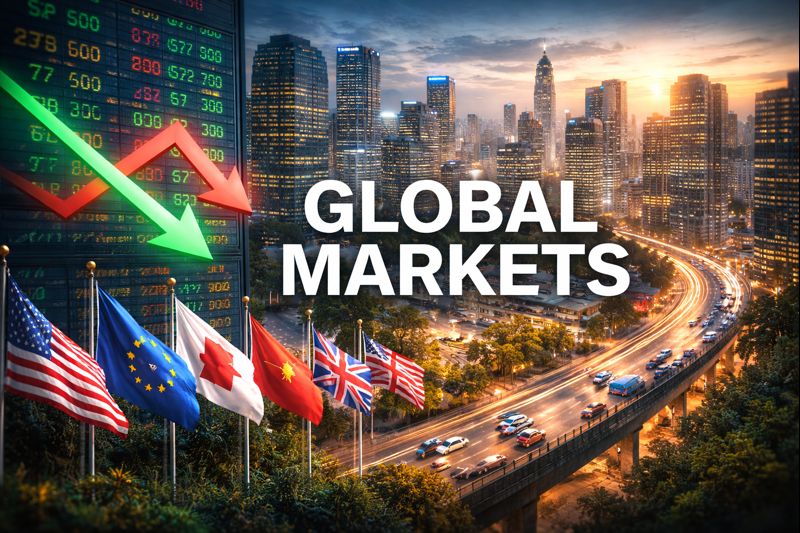Global financial markets showing mixed stock movements amid inflation and interest rate concerns.
