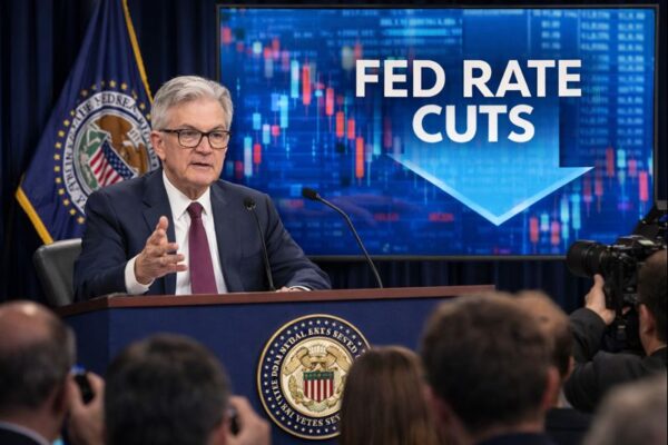 United States city skyline with rising market indicators symbolizing economic trends