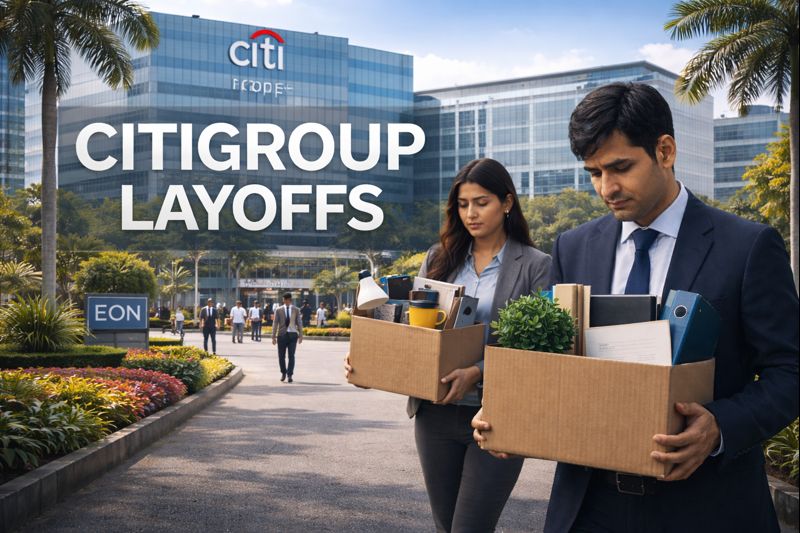 Citigroup employees carrying office belongings outside the Citi campus at Pune EON IT Park amid ongoing layoffs.