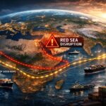 Global shipping routes map showing cargo vessels rerouting due to international trade disruptions