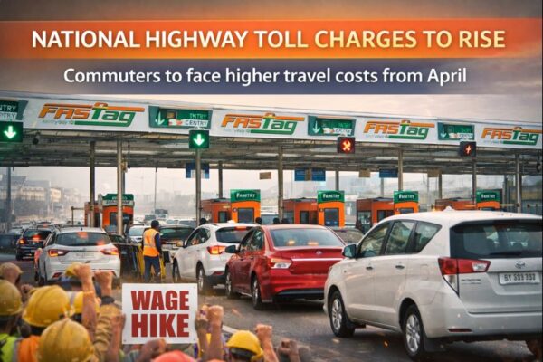 Vehicles queue at a FASTag toll plaza on a national highway as toll charges are set to rise from April in India.