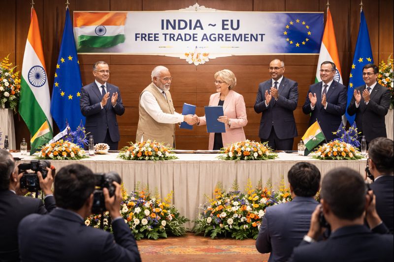 Historic India-EU free trade agreement pact signing with representatives of both sides.