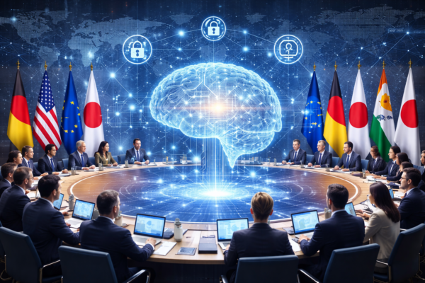 Global AI regulation and governance concept showing governments responding to rapid artificial intelligence adoption