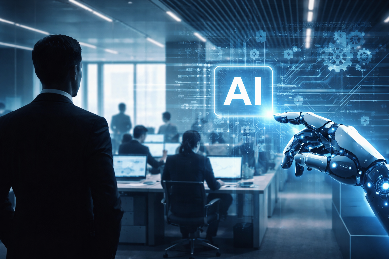 AI automation replacing white-collar jobs in modern corporate office environment