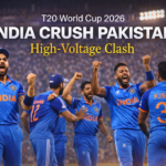 Indian cricket players celebrating victory over Pakistan in T20 World Cup 2026 high-voltage clash under stadium lights.