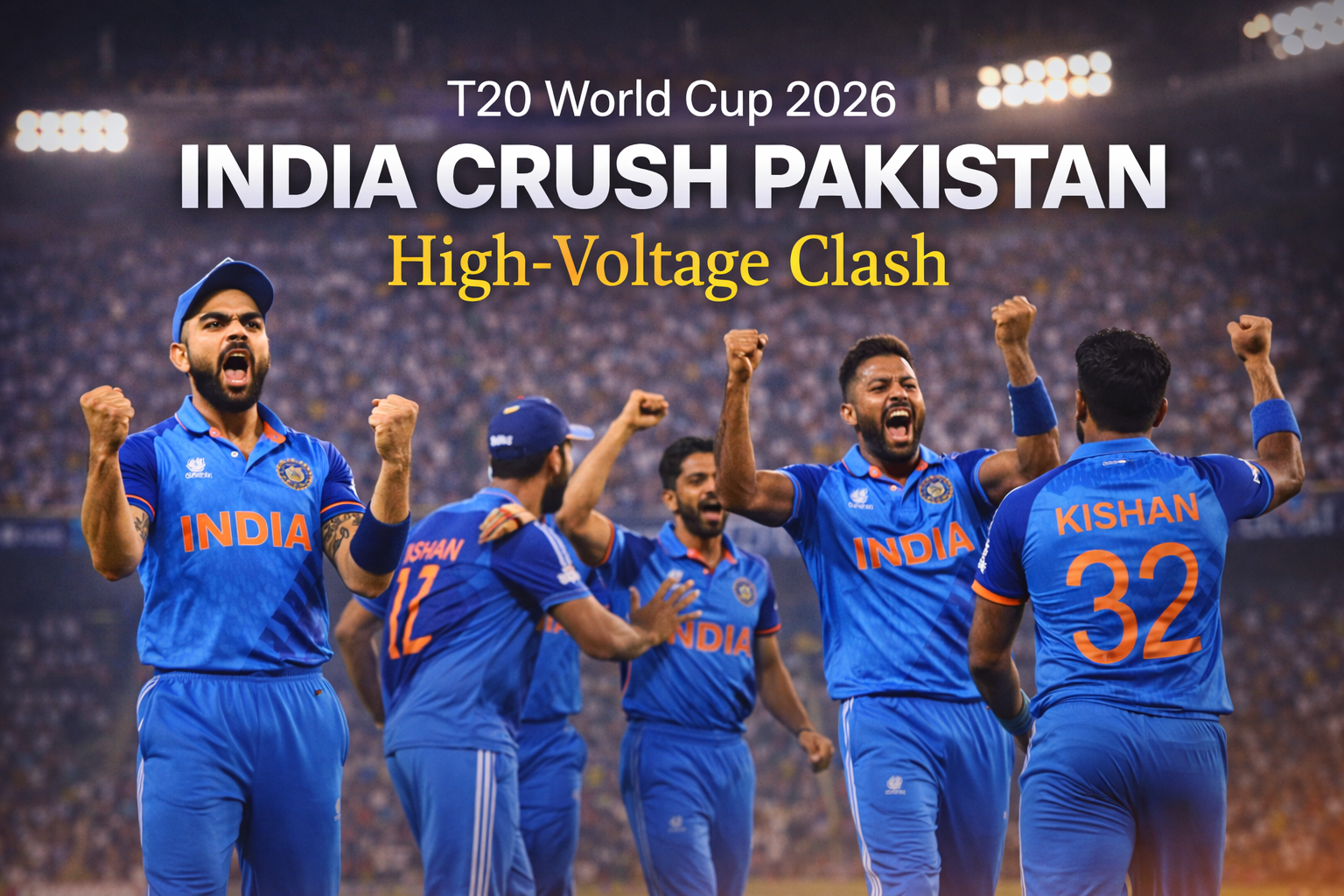 Indian cricket players celebrating victory over Pakistan in T20 World Cup 2026 high-voltage clash under stadium lights.