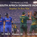 South Africa players celebrating after defeating India by 76 runs in T20 World Cup 2026 match.