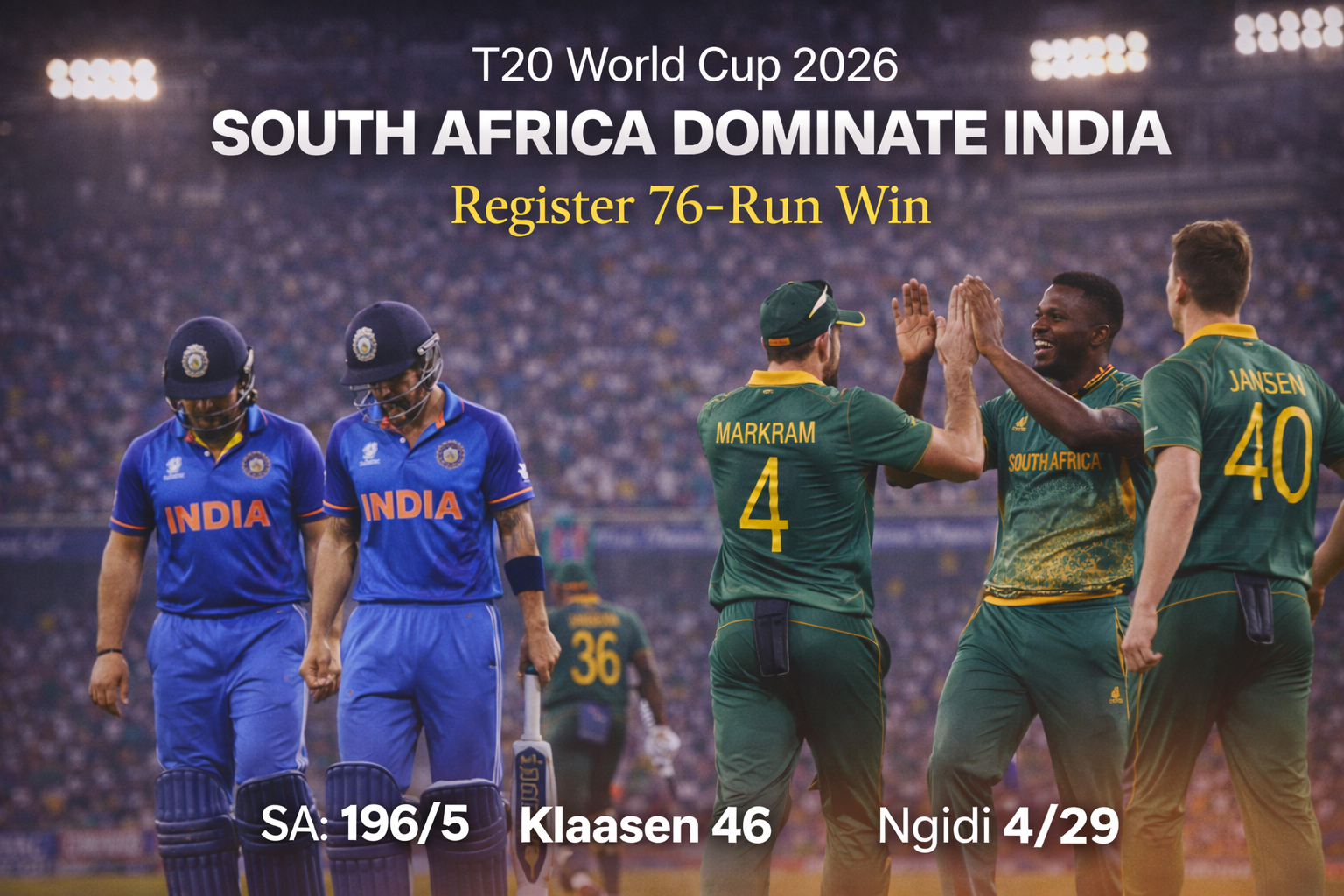 South Africa players celebrating after defeating India by 76 runs in T20 World Cup 2026 match.