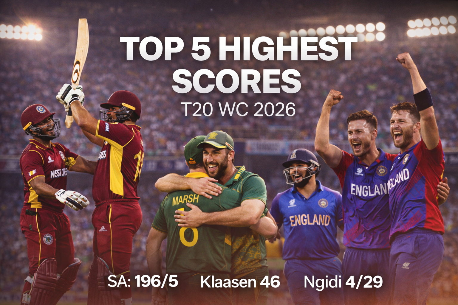 Collage of West Indies, Australia and England players celebrating record-breaking totals in T20 World Cup 2026 under stadium lights.