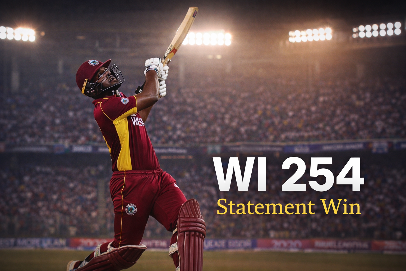 West Indies batsman celebrating after explosive 254-run total against Zimbabwe in T20 World Cup 2026 at Wankhede Stadium