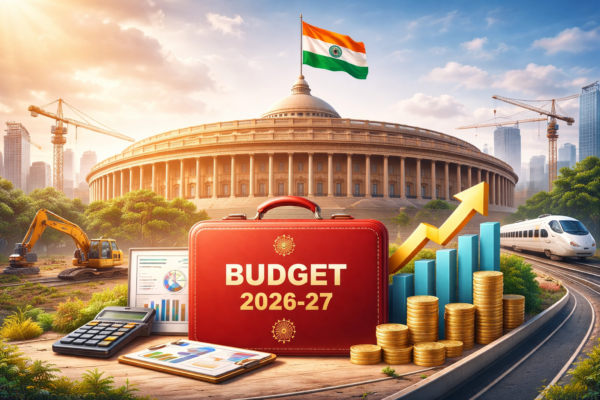 Union Budget 2026-27 India concept with Parliament, finance, and infrastructure growth theme