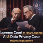 Two Supreme Court justices confer in the U.S. Supreme Court chamber with AI and privacy graphics subtly faded in the background.