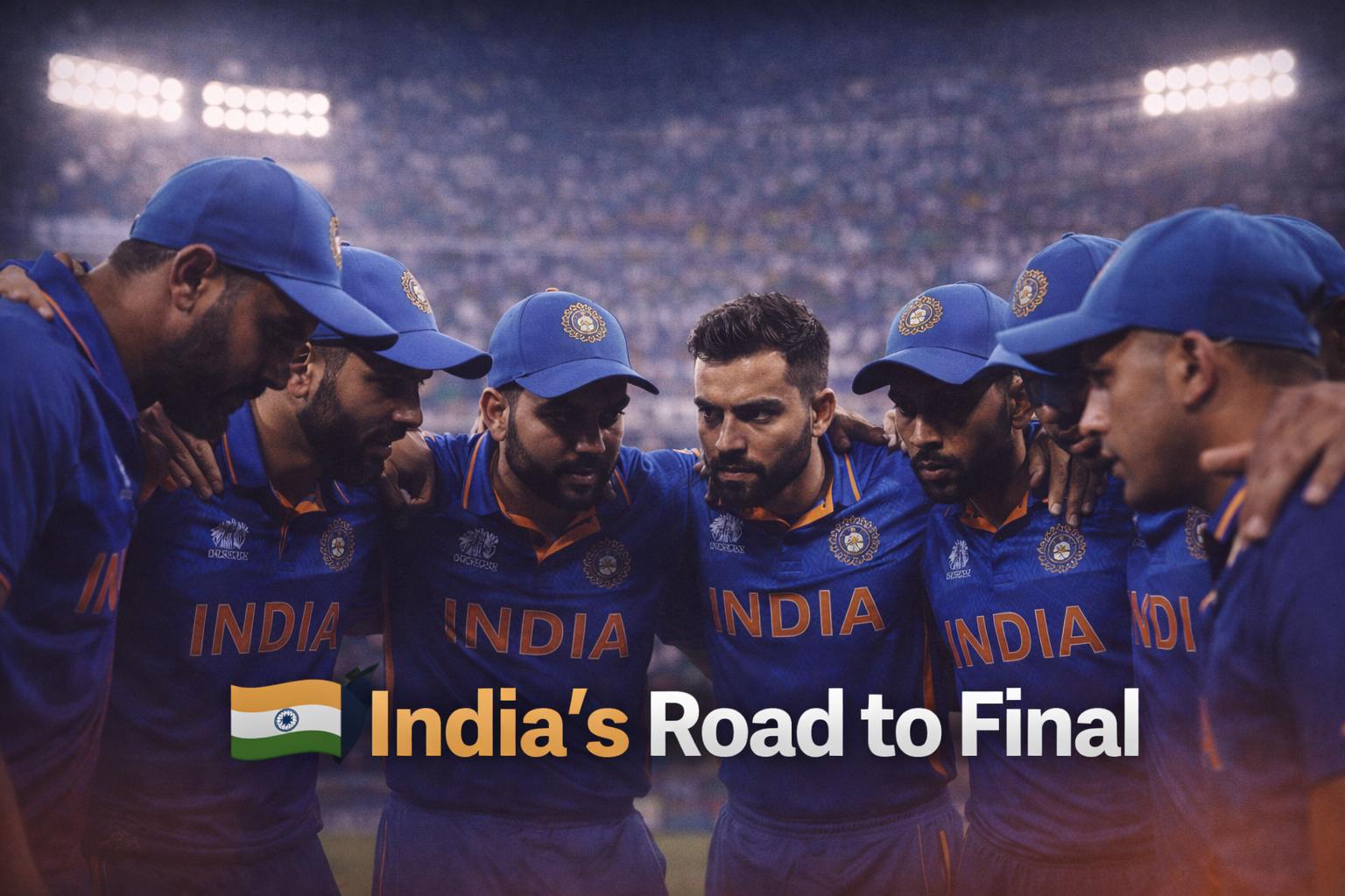 Indian cricket team in a focused huddle under stadium lights during T20 World Cup 2026 campaign.