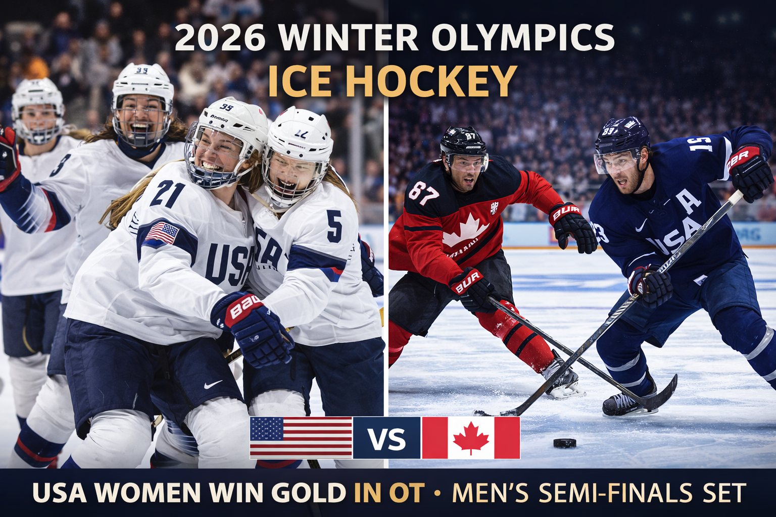 2026 Winter Olympics ice hockey action featuring USA women celebrating gold and men’s semi-final match between USA and Canada