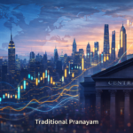 Global financial skyline with central bank building and stock market charts symbolizing shifting monetary policy and economic trends