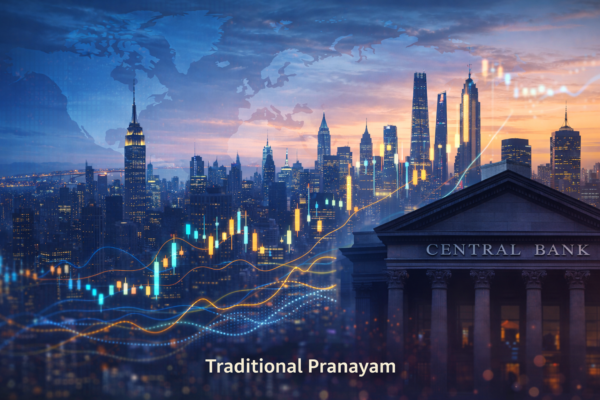 Global financial skyline with central bank building and stock market charts symbolizing shifting monetary policy and economic trends