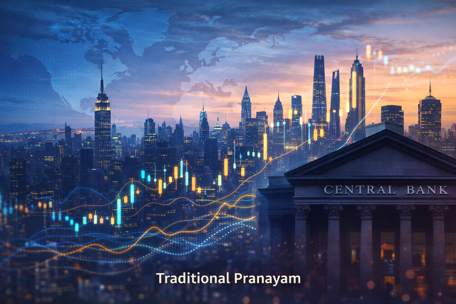 Global financial skyline with central bank building and stock market charts symbolizing shifting monetary policy and economic trends