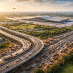 Expressway construction and airport development in North India representing infrastructure-driven economic growth