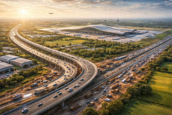 Expressway construction and airport development in North India representing infrastructure-driven economic growth