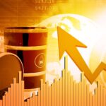 Oil pump jack operating during sunset with rising crude oil price trend