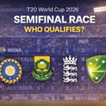 Graphic representation of T20 World Cup 2026 semifinal qualification race showing highlighted top teams against a stadium background.