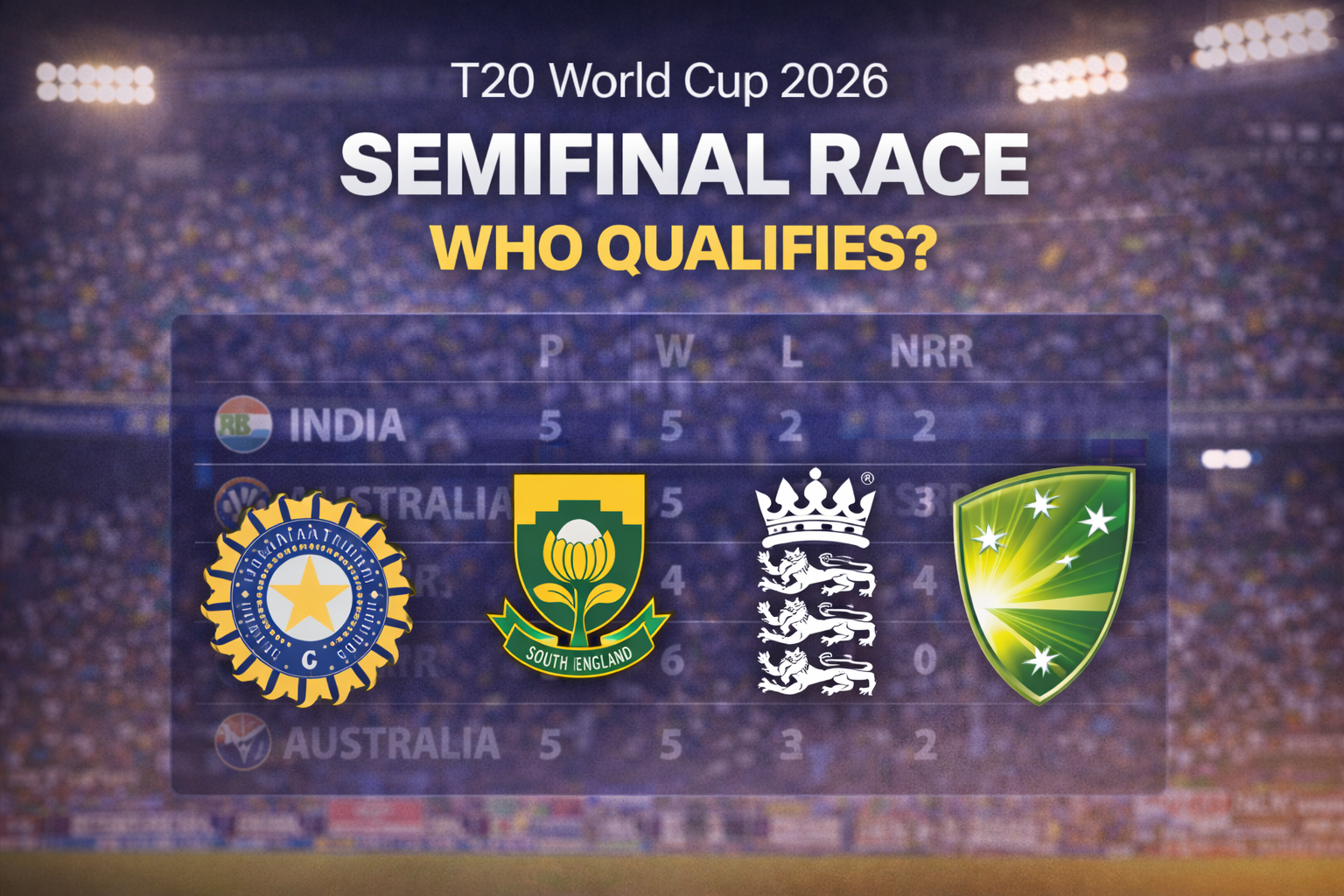 Graphic representation of T20 World Cup 2026 semifinal qualification race showing highlighted top teams against a stadium background.