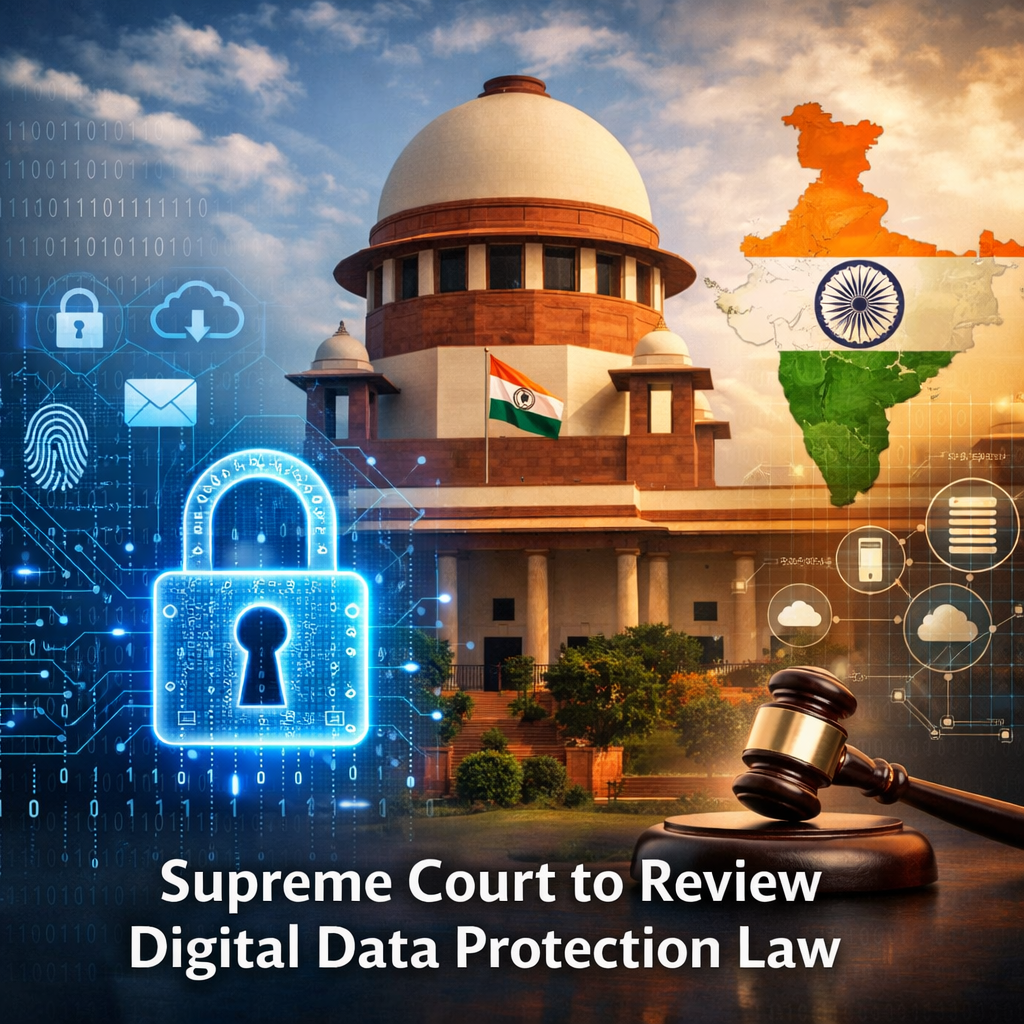 Supreme Court of India building with digital data security concept overlay representing India’s data protection law review.