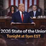 U.S. President Donald Trump standing at the podium delivering the 2026 State of the Union address with Congress in the background.