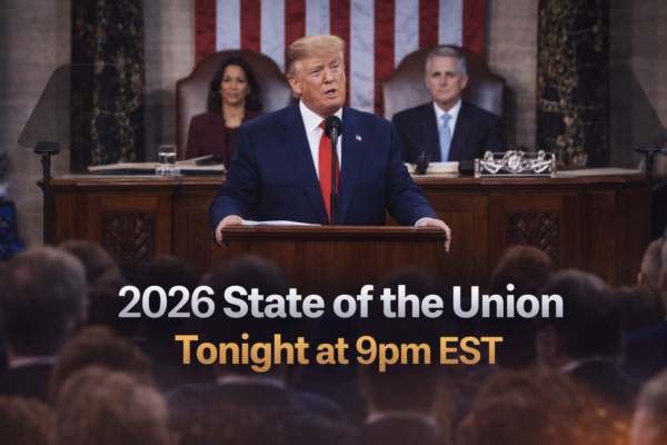 U.S. President Donald Trump standing at the podium delivering the 2026 State of the Union address with Congress in the background.