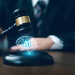 Global artificial intelligence regulation concept showing digital AI brain and government policy symbols.