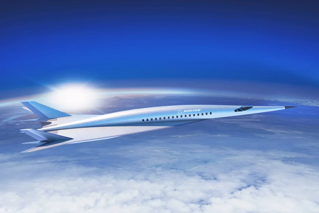 Concept visualization of a hypersonic aircraft traveling at extreme speed through the upper atmosphere.