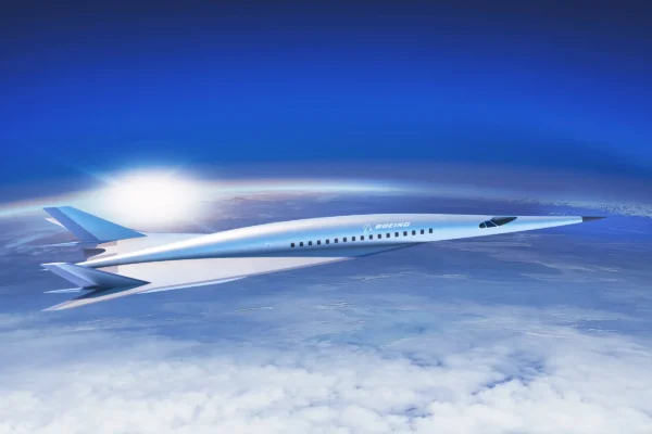 Concept visualization of a hypersonic aircraft traveling at extreme speed through the upper atmosphere.