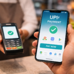 Person making UPI payment using smartphone at retail store