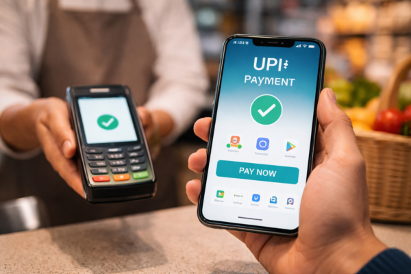 Person making UPI payment using smartphone at retail store
